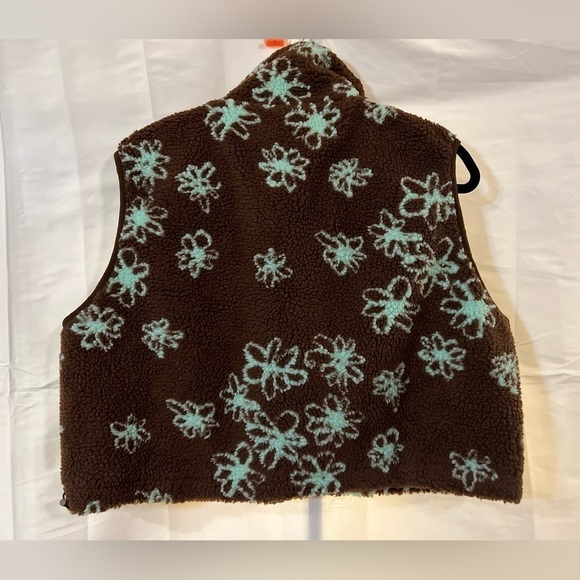 Brown cropped faux fur fleecy xl vest womens cider NWT turquoise front pockets - Picture 12 of 12